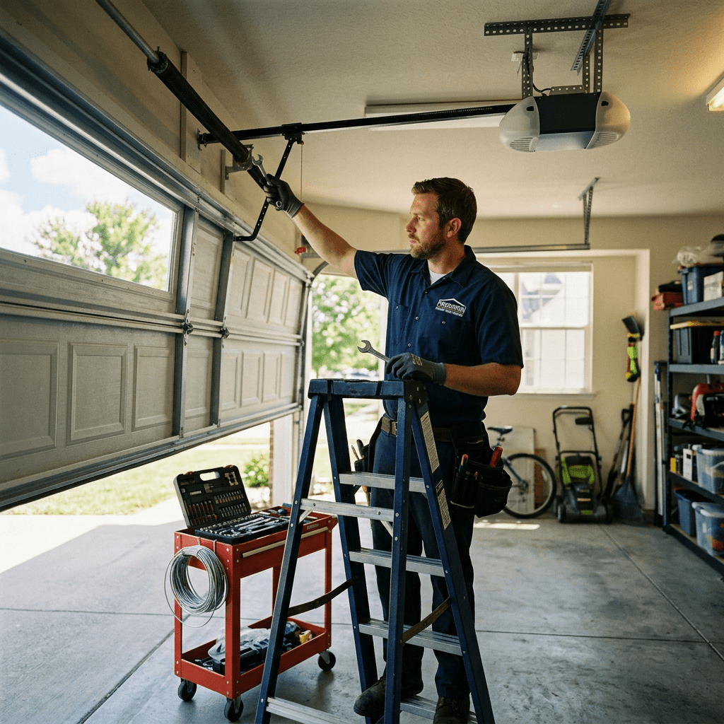 Technician adjusting garage door spring inside a home garage