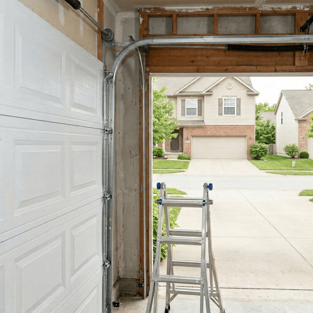 Technician on ladder installing garage door spring with power drill