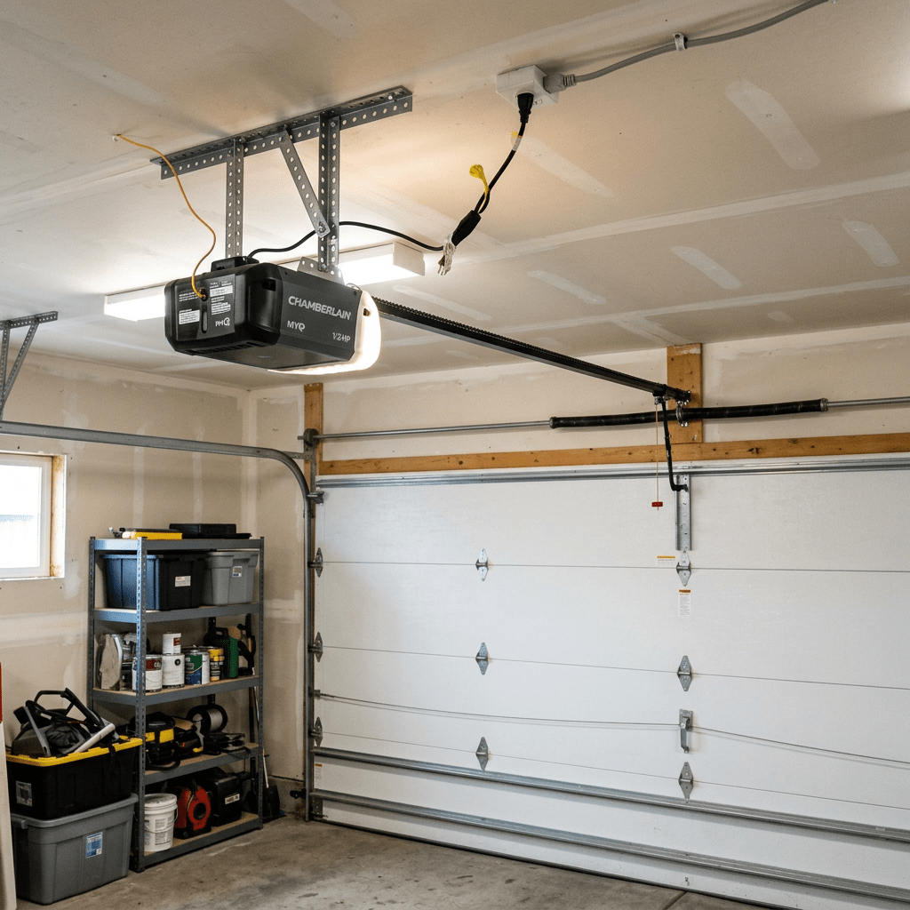 Garage interior with white automatic sectional garage door and Chamberlain opener