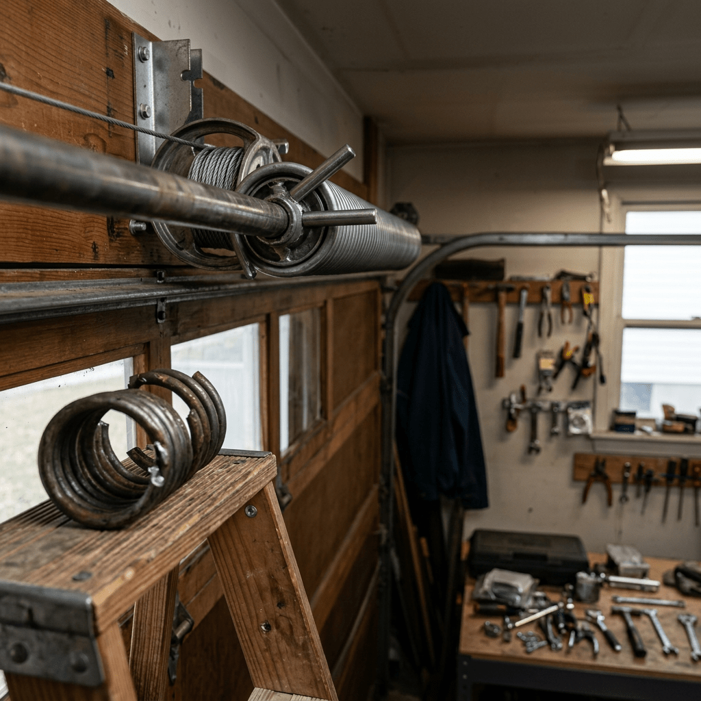Technician's gloved hand winding a garage door spring with a metal rod