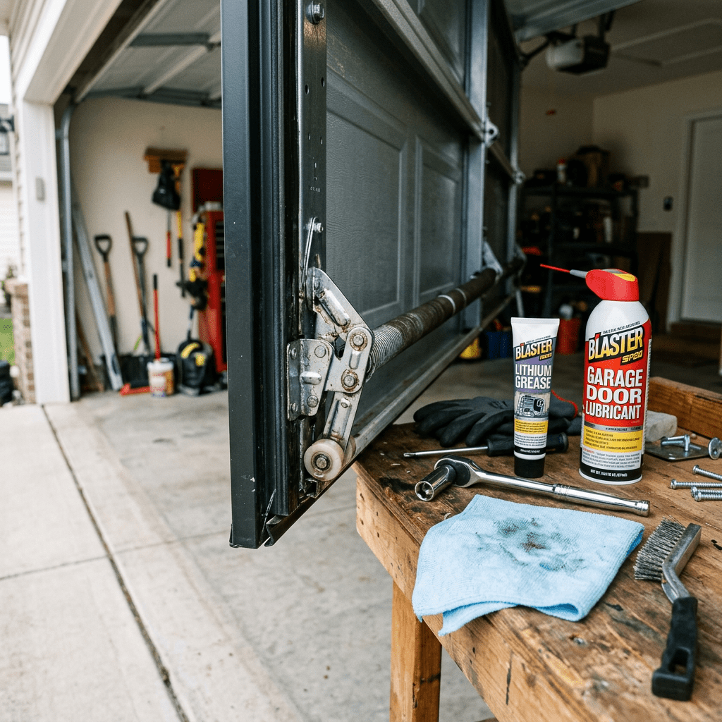 Garage door section with lubricant spray, grease tube, gloves, and tools on workbench